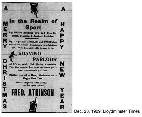 Clipping from the Lloydminster Times in Dec 1909 re Fred Atkinson's shaving partlour new year deal